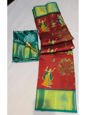 Women's Digital Dolla Silk Printed Saree With Unstitched Blouse 5.5Mtr (Brown)