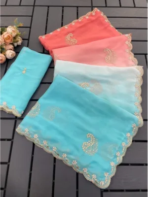 Women's Digital Printed Geogette Saree With Unstitched Blouse (Blue, 5-6 Mtrs)