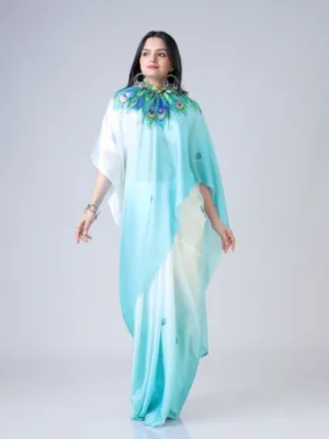 Women's Soft Crepe Silk Printed Ready To Wear Saree With Unstitched Blouse 5.5Mtr (Sky Blue)