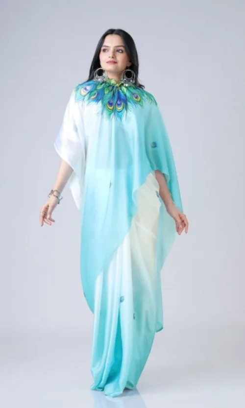 Women's Soft Crepe Silk Printed Ready To Wear Saree With Unstitched Blouse 5.5Mtr (Sky Blue)