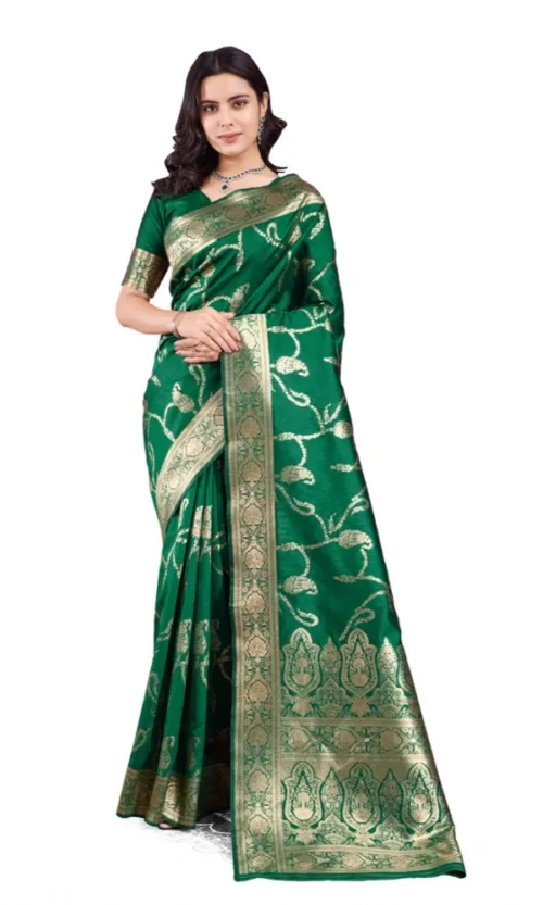 Women's Banarasi Silk Printed Saree With Unstitched Blouse 5.5Mtr (Green)