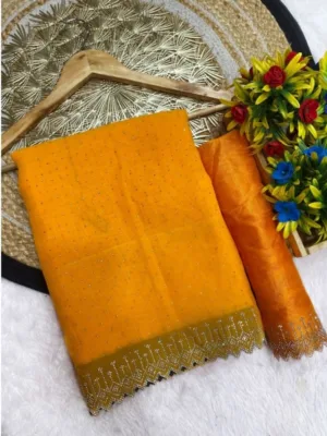 Women's Georgette Stone Work Saree With Unstitched Blouse 5.5Mtr (Yellow)