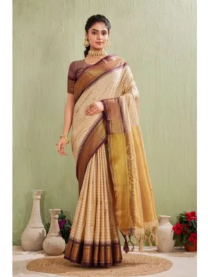 Women's Silk Blended Jaquard Woven Saree With Unstitched Blouse 5.5Mtr (Beige)