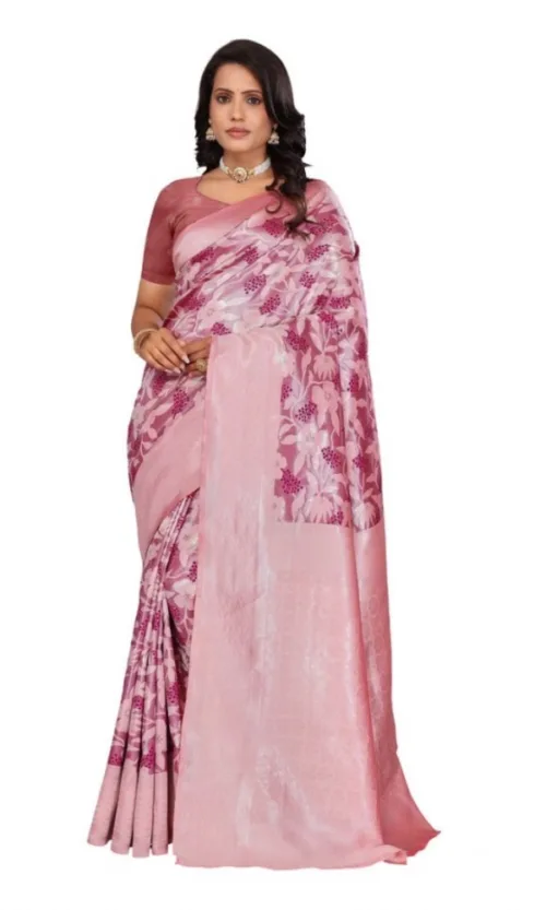 Women's Banarasi Silk Jaquard Woven Saree With Unstitched Blouse 5.5Mtr (Pink)