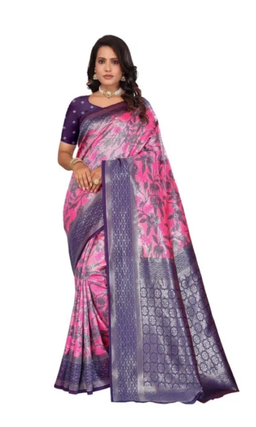 Women's Banarasi Silk Jaquard Woven Saree With Unstitched Blouse 5.5Mtr (Pink)