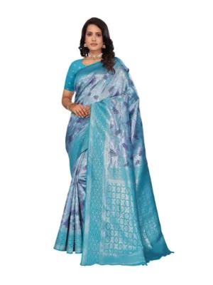 Women's Banarasi Silk Jaquard Woven Saree With Unstitched Blouse 5.5Mtr (Light Blue)