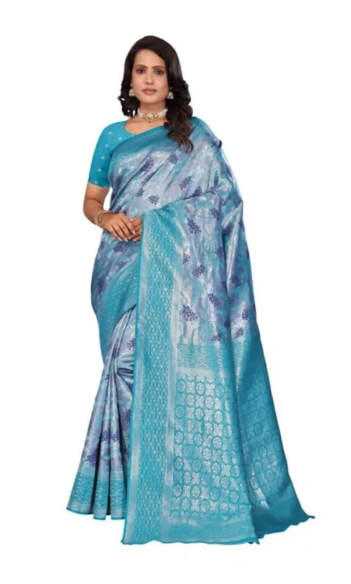 Women's Banarasi Silk Jaquard Woven Saree With Unstitched Blouse 5.5Mtr (Light Blue)