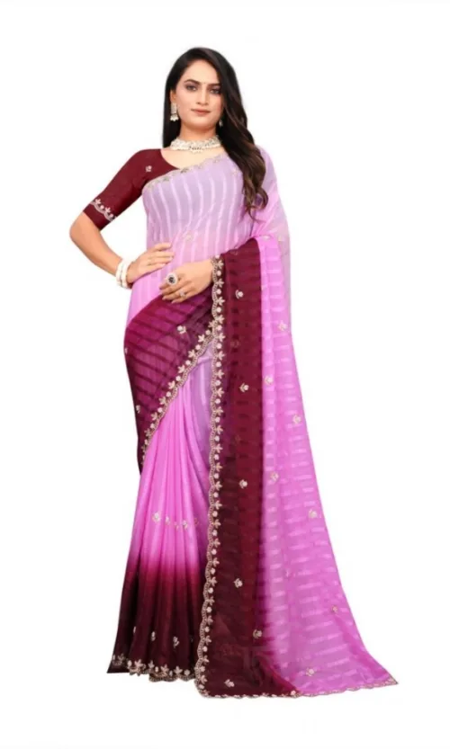 Women's Chiffon Embroidred Saree With Unstitched Blouse 5.5Mtr (Pink)