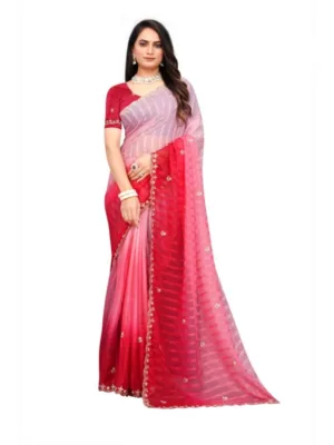 Women's Chiffon Embroidred Saree With Unstitched Blouse 5.5Mtr (Pink)