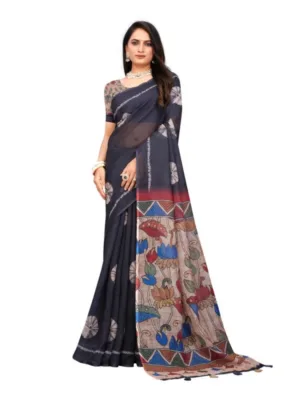 Women's Linen Printed Saree With Unstitched Blouse 5.5Mtr (Black)