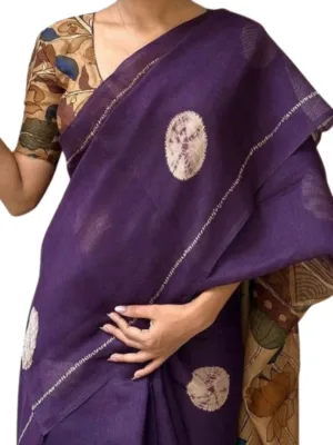 Women's Linen Printed Saree With Unstitched Blouse 5.5Mtr (Purple)
