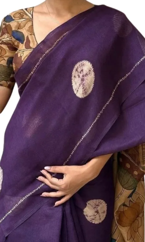 Women's Linen Printed Saree With Unstitched Blouse 5.5Mtr (Purple)