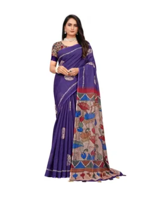 Women's Linen Printed Saree With Unstitched Blouse 5.5Mtr (Purple)