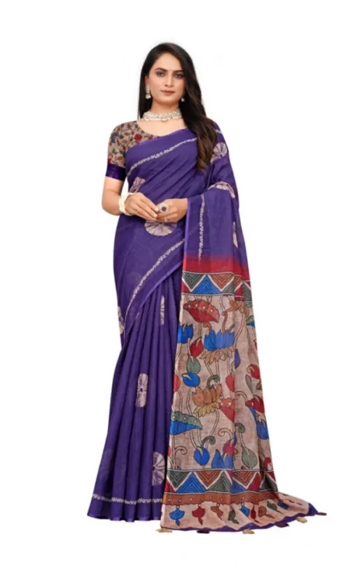 Women's Linen Printed Saree With Unstitched Blouse 5.5Mtr (Purple)