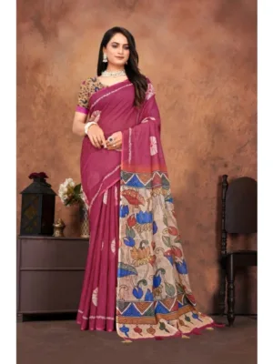 Women's Linen Printed Saree With Unstitched Blouse 5.5Mtr (Purple)