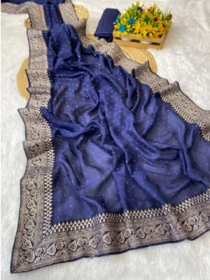 Women's Silk Embroidred Saree With Unstitched Blouse 5.5Mtr (Blue)