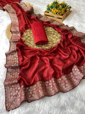 Women's Silk Embroidred Saree With Unstitched Blouse 5.5Mtr (Red)