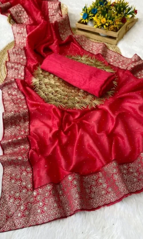 Women's Silk Embroidred Saree With Unstitched Blouse 5.5Mtr (Pink)