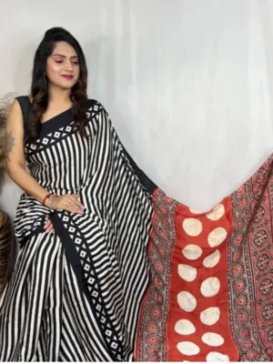 Women's Satin Printed Saree With Unstitched Blouse 5.5Mtr (Black)