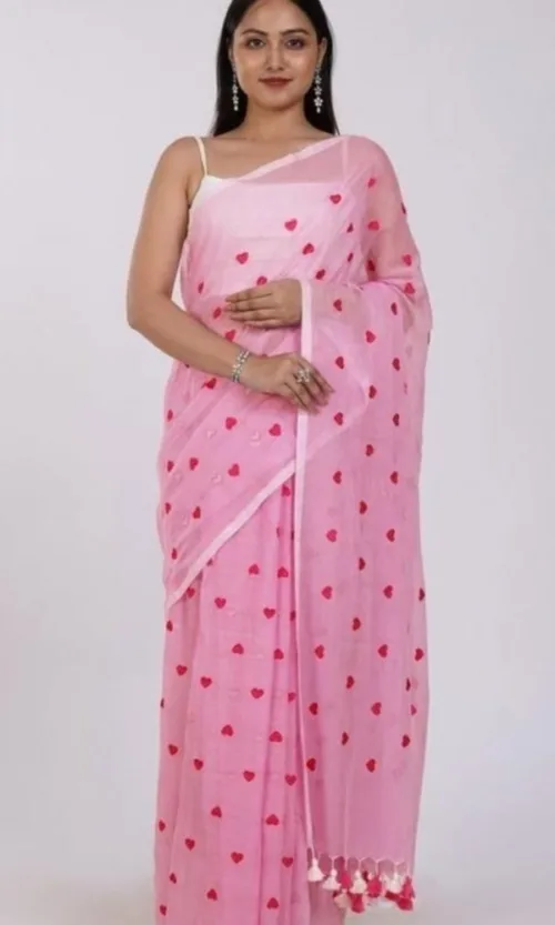 Women's Linen Printed Saree With Unstitched Blouse 5.5Mtr (Pink)