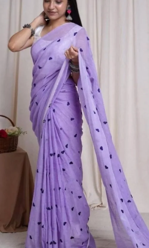 Women's Linen Printed Saree With Unstitched Blouse 5.5Mtr (Purple)