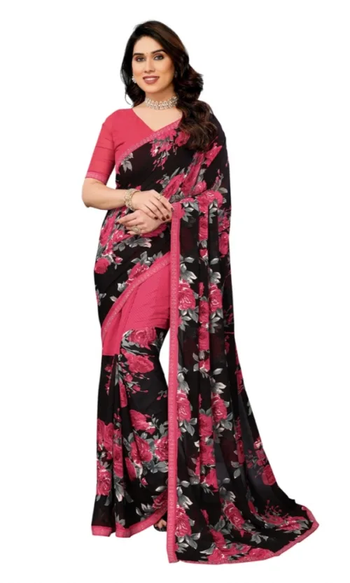 Women's Georgette Printed Saree With Unstitched Blouse 5.5Mtr (Pink)