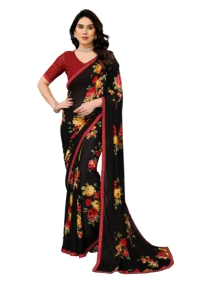 Women's Georgette Printed Saree With Unstitched Blouse 5.5Mtr (Black)