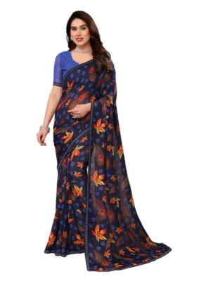 Women's Georgette Printed Saree With Unstitched Blouse 5.5Mtr (Blue)