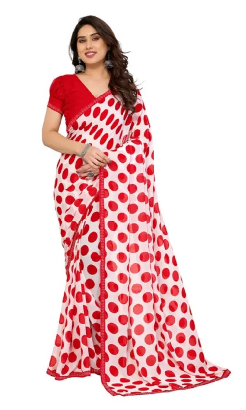 Women's Georgette Printed Saree With Unstitched Blouse 5.5Mtr (Red-White)