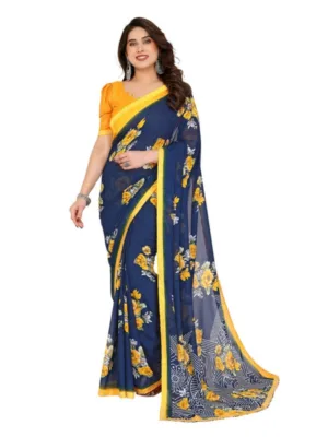 Women's Georgette Printed Saree With Unstitched Blouse 5.5Mtr (Blue)