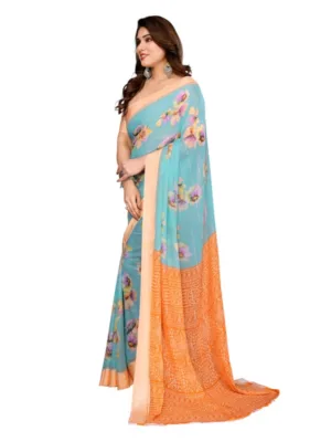 Women's Georgette Printed Saree With Unstitched Blouse 5.5Mtr (Light Blue)