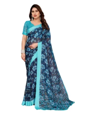 Women's Georgette Printed Saree With Unstitched Blouse 5.5Mtr (Sky Blue)