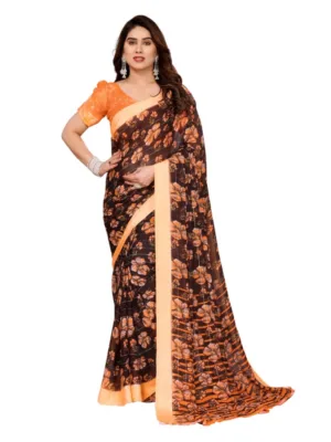 Women's Georgette Printed Saree With Unstitched Blouse 5.5Mtr (Brown)