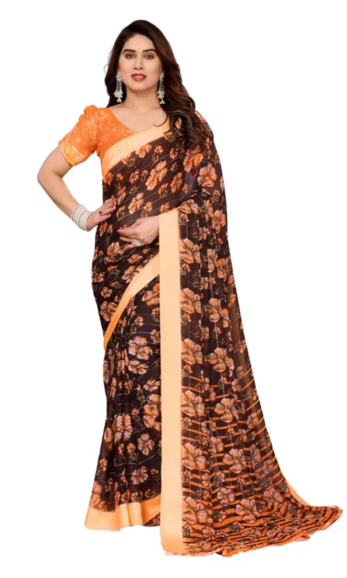 Women's Georgette Printed Saree With Unstitched Blouse 5.5Mtr (Brown)
