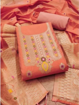 Women's Banarasi Silk Printed Unstitched Salwar Suit Material With Dupatta (Peach, 3Mtrs)