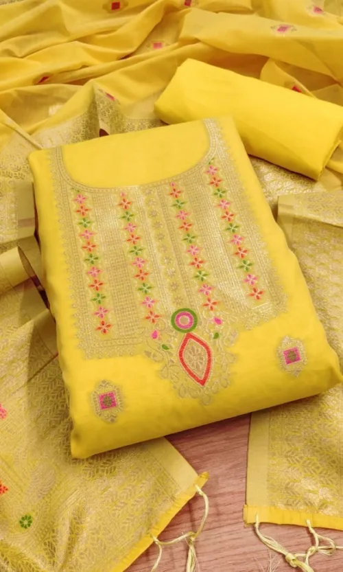Women's Banarasi Silk Printed Unstitched Salwar Suit Material With Dupatta (Yellow, 3Mtrs)