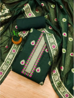 Women's Banarasi Silk Printed Unstitched Salwar Suit Material With Dupatta (Bottle Green, 3Mtrs)