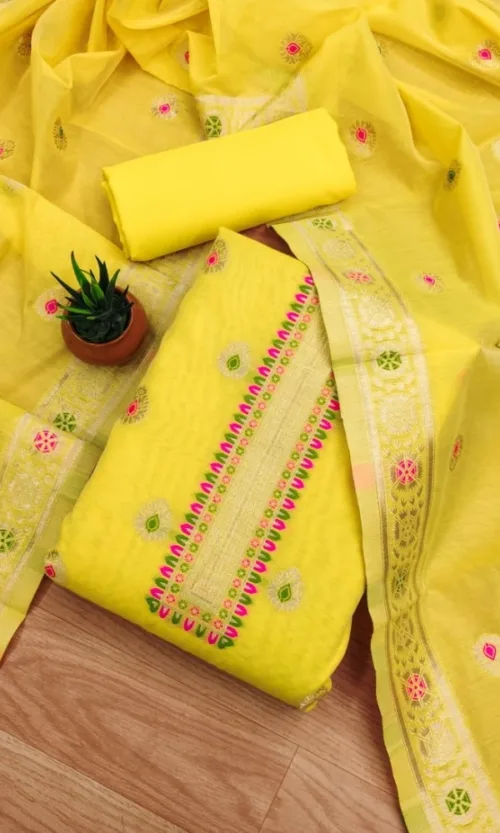 Women's Banarasi Silk Printed Unstitched Salwar Suit Material With Dupatta (Yellow, 3Mtrs)