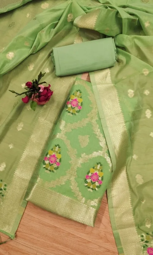 Women's Banarasi Silk Printed Unstitched Salwar Suit Material With Dupatta (Pista, 3Mtrs)