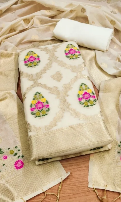 Women's Banarasi Silk Printed Unstitched Salwar Suit Material With Dupatta (White, 3Mtrs)