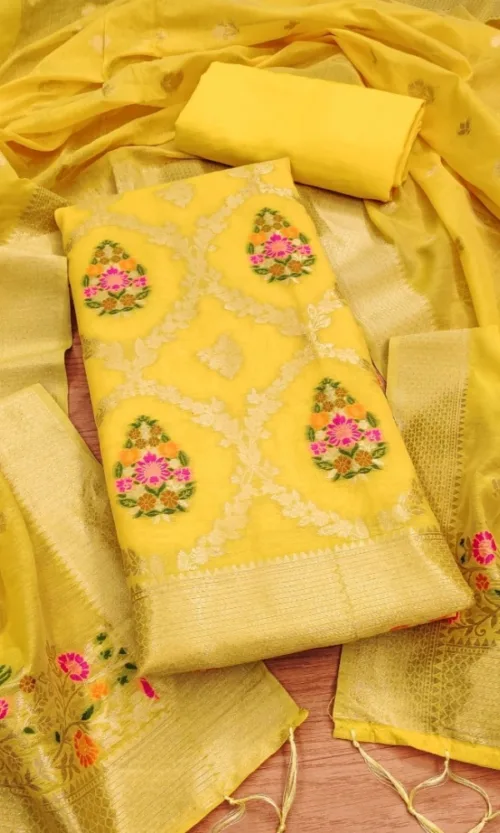 Women's Banarasi Silk Printed Unstitched Salwar Suit Material With Dupatta (Yellow, 3Mtrs)