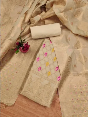Women's Banarasi Silk Printed Unstitched Salwar Suit Material With Dupatta (Cream, 3Mtrs)