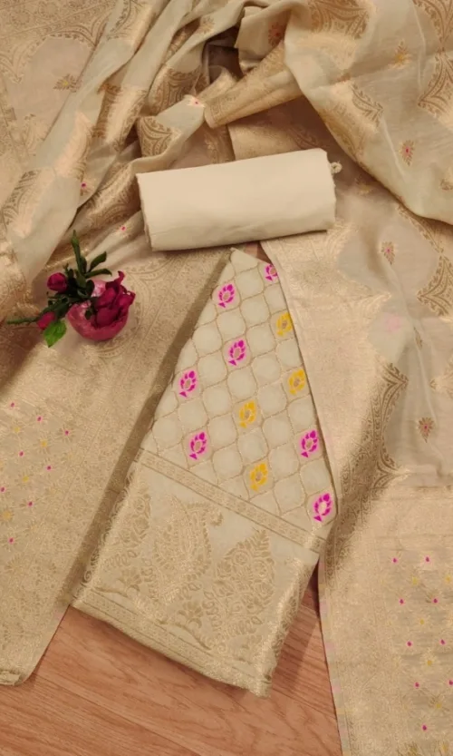 Women's Banarasi Silk Printed Unstitched Salwar Suit Material With Dupatta (Cream, 3Mtrs)