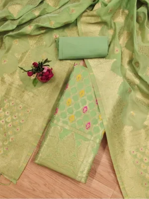 Women's Banarasi Silk Printed Unstitched Salwar Suit Material With Dupatta (Pista, 3Mtrs)