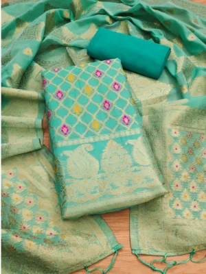 Women's Banarasi Silk Printed Unstitched Salwar Suit Material With Dupatta (sea green, 3Mtrs)
