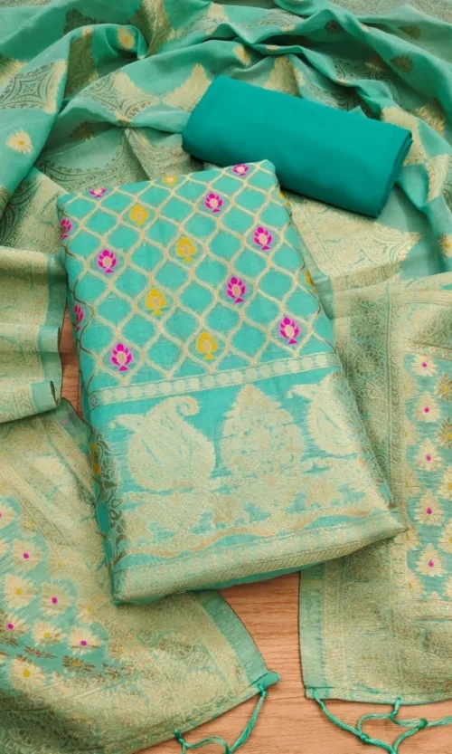 Women's Banarasi Silk Printed Unstitched Salwar Suit Material With Dupatta (sea green, 3Mtrs)