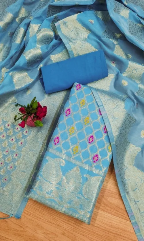 Women's Banarasi Silk Printed Unstitched Salwar Suit Material With Dupatta (Sky Blue, 3Mtrs)
