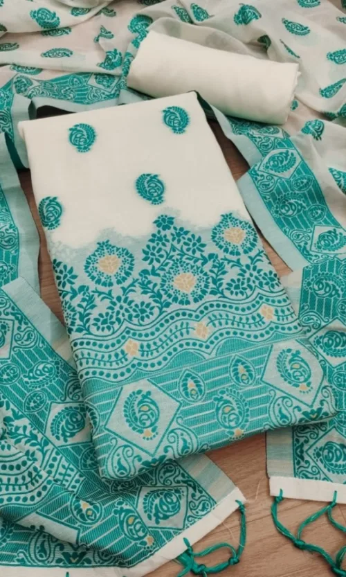 Women's Banarasi Silk Printed Unstitched Salwar Suit Material With Dupatta (Teal, 3Mtrs)