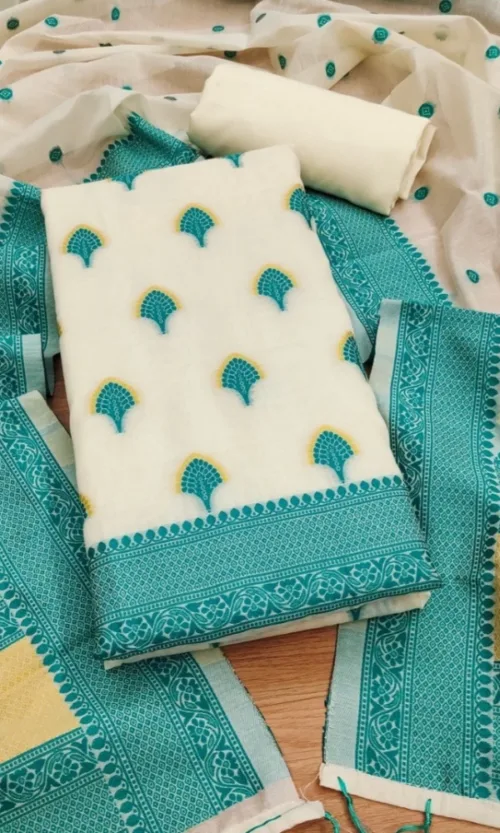 Women's Banarasi Silk Printed Unstitched Salwar Suit Material With Dupatta (Teal, 3Mtrs)
