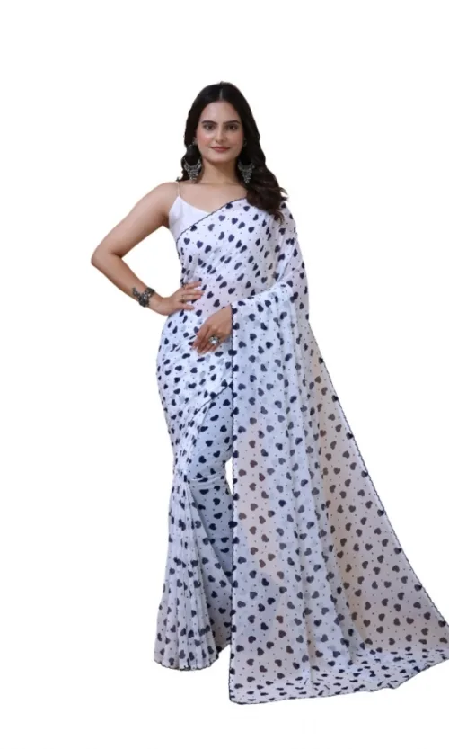 Women's Georgette Printed Saree With Unstitched Blouse 5.5Mtr (White-Blue)